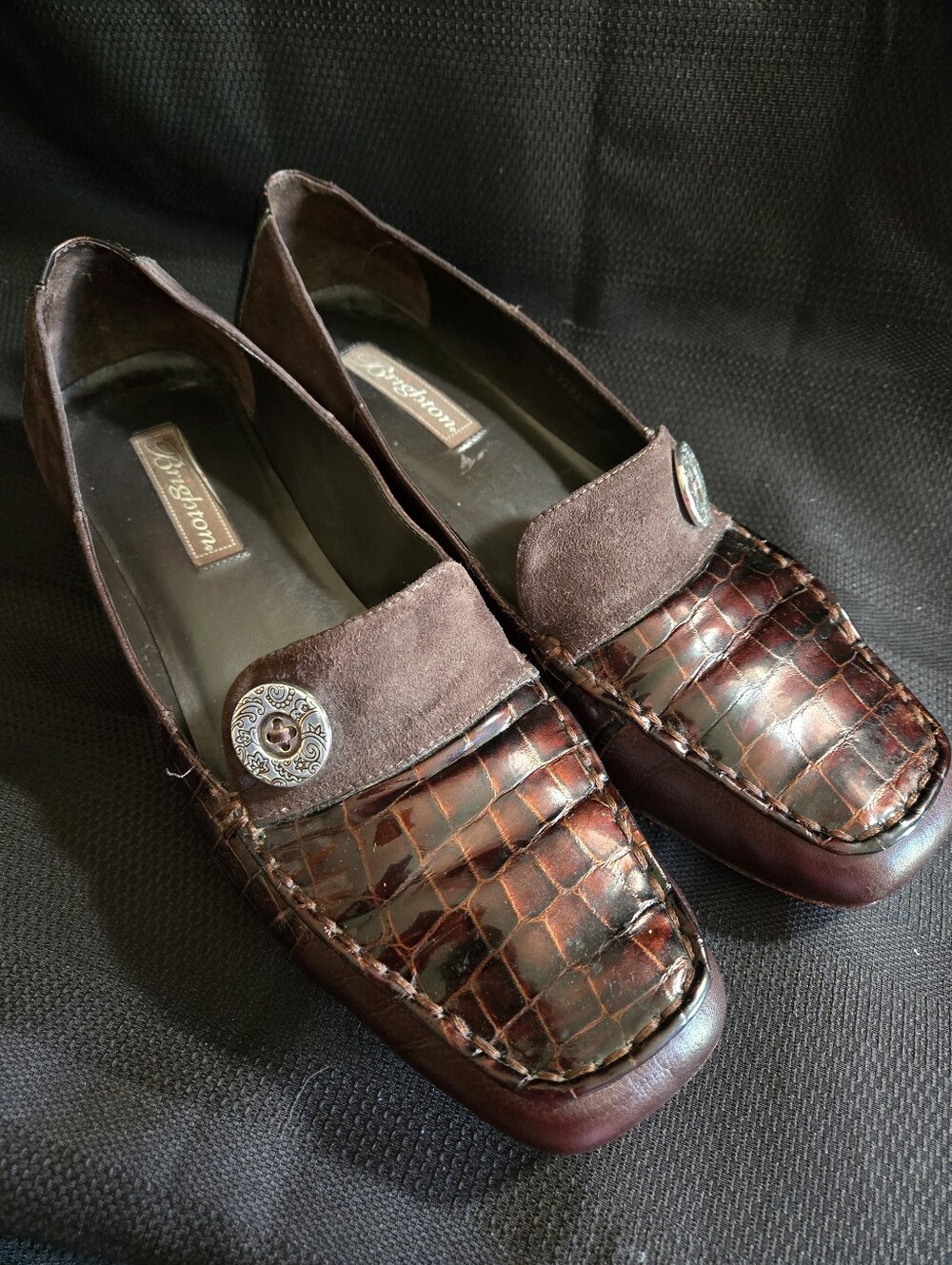 Brighton Women's Dark Brown Croc-Embossed Loafers with Suede Trim